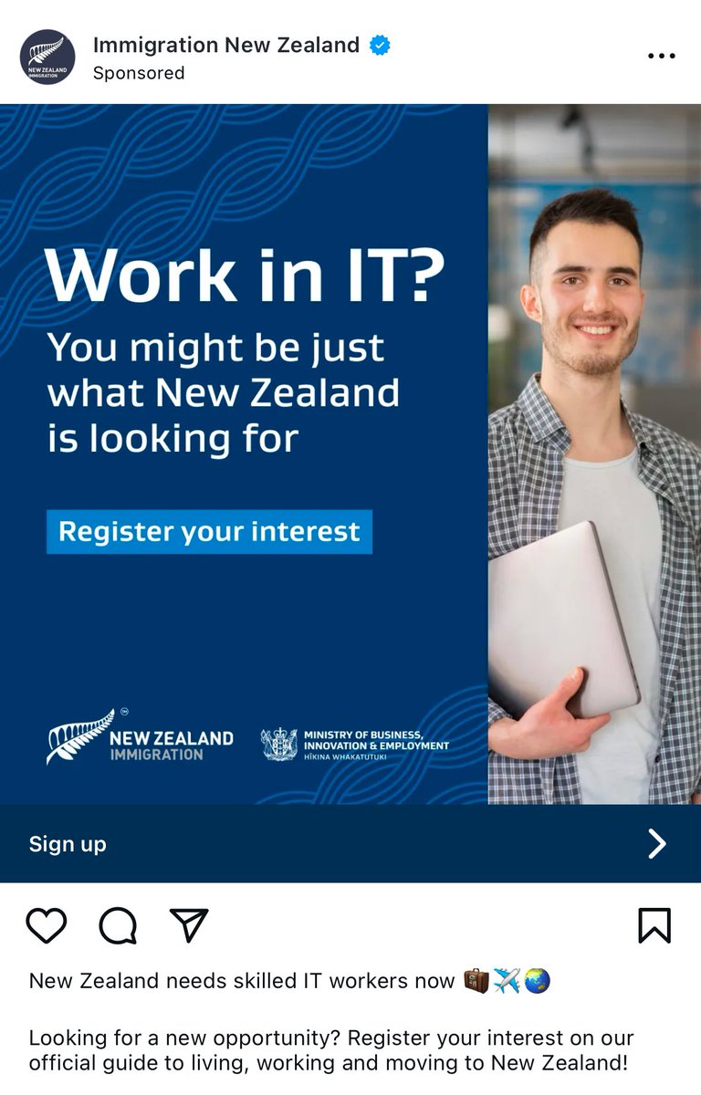 SeberangMeja's tweet photo. Tanpa diduga hari ini di feed instagram ada ads nyempil dr kementrian business &amp; employment New Zealand, katanya mereka lagi butuh banyak tenaga “IT”. 
Gass lah ini bisa dieksplore para pegiat #KaburAjaDulu https://t.co/9LzzwXzdL8