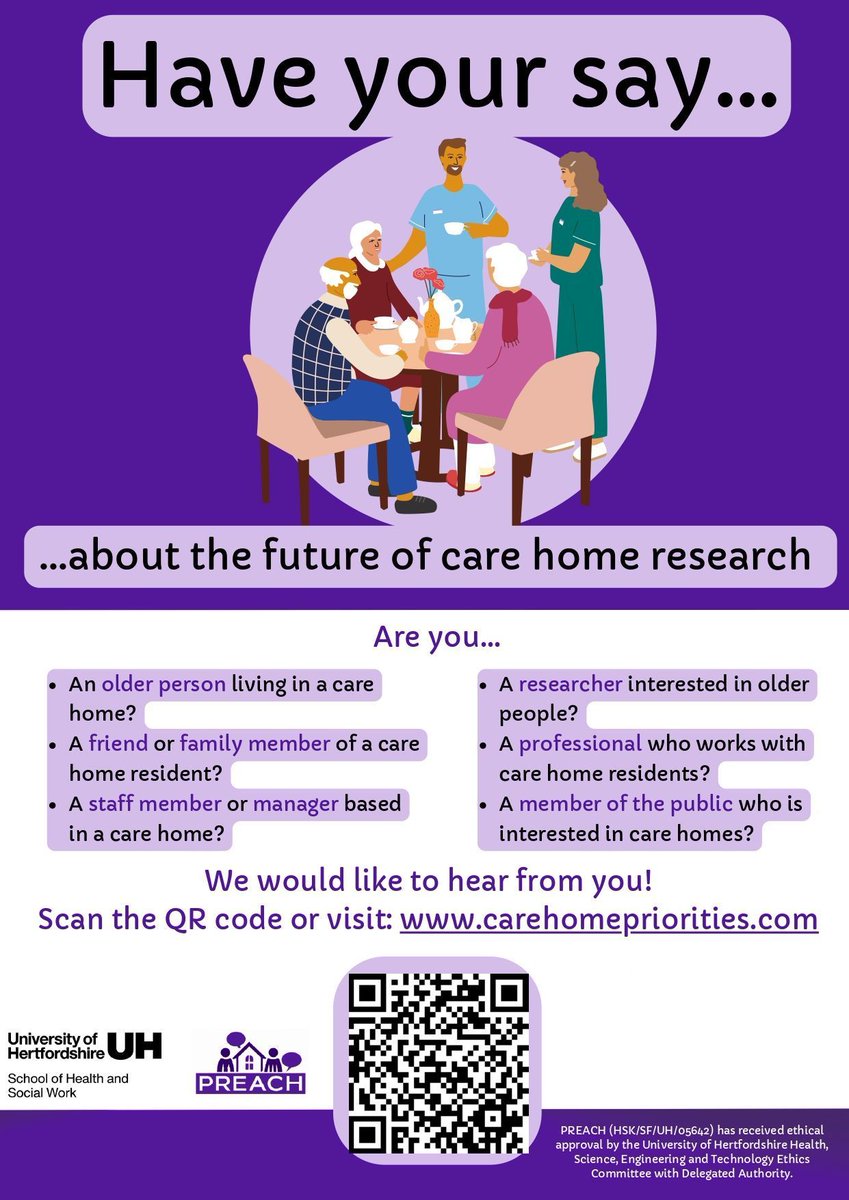 Are you a professional who supports older people living in care homes? We want to hear
your thoughts about how care home research could make the biggest impact on their care.
Take the survey here: buff.ly/3Bry3wO
#carehomepriorities