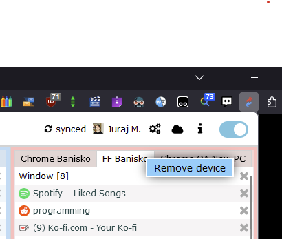 FastAddons's tweet photo. @cralexkokiri Hello,
Yes, old device can be removed by right click (on device tab name) and then "Remove device".
My Tab Sync addon was created many years ago and it's interface never matured enough so some features are not that intuitive... https://t.co/Q1vNdw5Efm