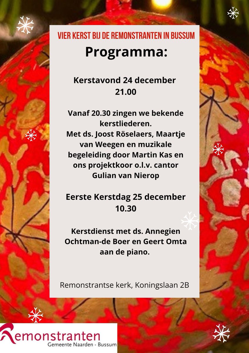remkerknb's tweet photo. Van harte welkom op Kerstavond (21.00 uur) in de Remonstrantse kerk Bussum! @Roselaers leidt de dienst, Maartje van Weegen leest een kerstverhaal voor. https://t.co/4JbgyLOfOx
