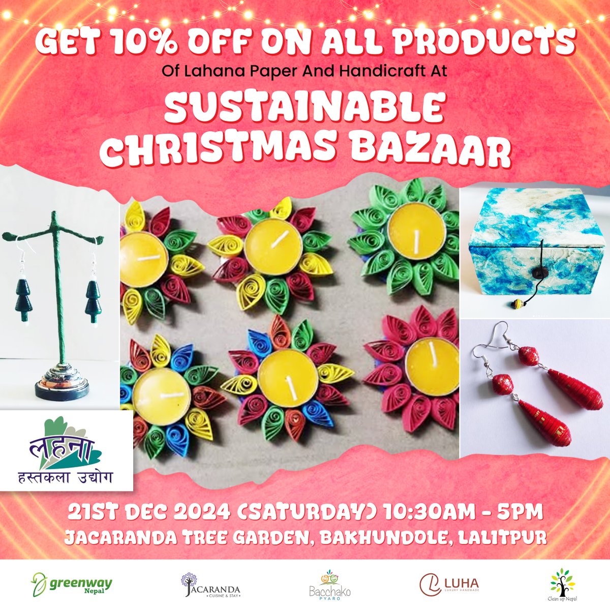 Greenway Nepal (@greenwaynepal) on Twitter photo Get 10% off on all Lahana Papers and Handicrafts products at the Sustainable Christmas Bazaar!ππβοΈ
ποΈ FREE ENTRY!! ποΈ
ποΈ 21st Dec 2024
π Jacaranda Tree Garden, Bakhundole
#LahanaPapersandHandicrafts #Handmade #EcoFriendlyProducts #Christmasπ· #Christmas2024 #GreenwayNepal Get 10% off on all Lahana Papers and Handicrafts products at the Sustainable Christmas Bazaar!ππβοΈ
ποΈ FREE ENTRY!! ποΈ
ποΈ 21st Dec 2024
π Jacaranda Tree Garden, Bakhundole
#LahanaPapersandHandicrafts #Handmade #EcoFriendlyProducts #Christmasπ· #Christmas2024 #GreenwayNepal