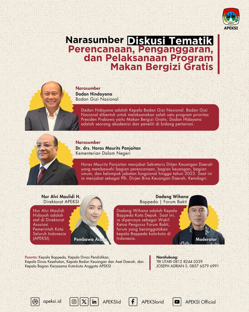 APEKSI dan Forum Kepala Bappeda Kota Seluruh Indonesia menyelenggarakan Diskusi Tematik:  Perencanaan, Penganggaran, dan Pelaksanaan Program Makan Bergizi Gratis, secara daring pada: 

Senin, 23 Desember 2024
Pk. 13.00-16.00 WIB

Informasi selengkapnya dapat dibaca di web APEKSI