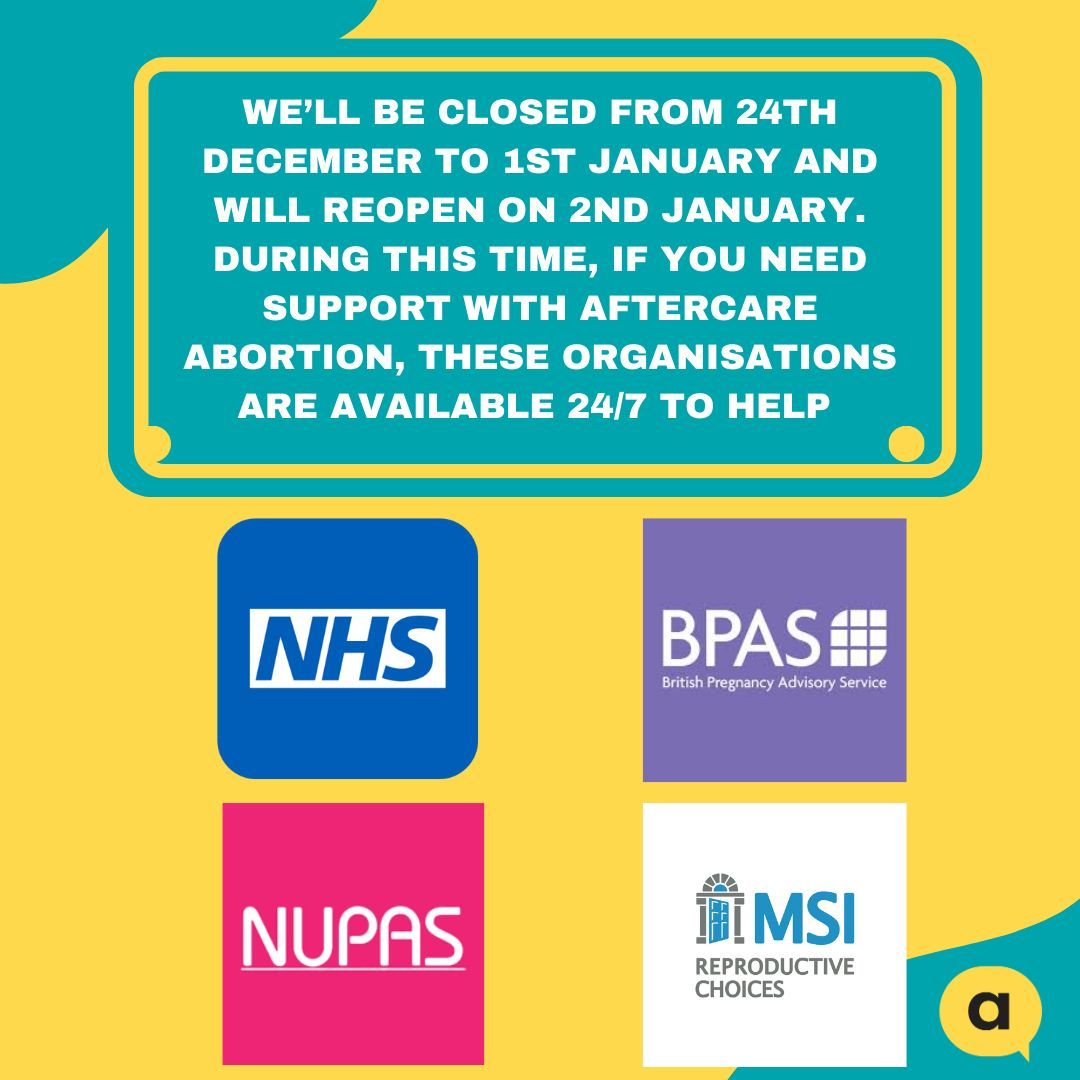 abortion_talk's tweet photo. Weβll be closed from 24th December to 1st January and will reopen on 2nd January. π
During this time, if you need support, these organisations are available 24/7 to help:
π BPAS
π MSI
π NUPAS
π NHS
#abortion #abortions #abortioncareishealthcare #prochoiceprovoice https://t.co/zXQazuTED5