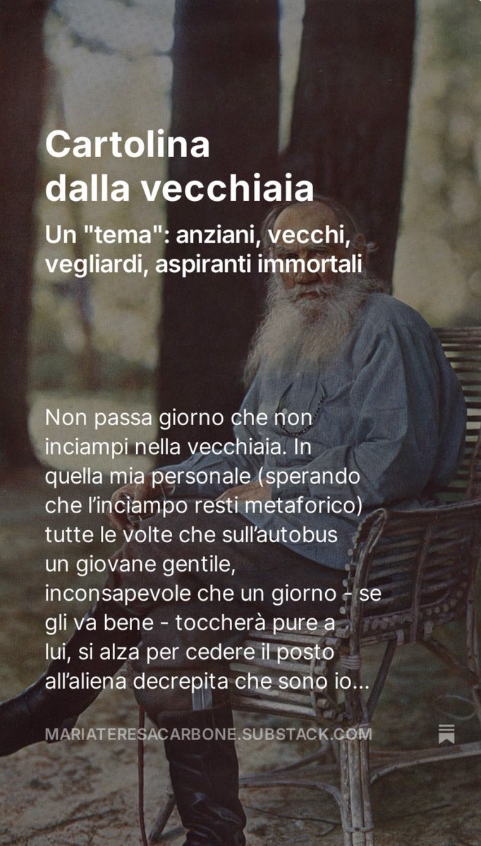 Il punto è che siamo in tanti (troppi), anche se non è colpa nostra. Siamo tanti perché nell'arco della nostra vita si è estesa l'aspettativa di vita (fino a quando?). E siamo tanti perché eravamo tanti da giovani, noi figli di un benessere effimero.
mariateresacarbone.substack.com/p/cartolina-da…