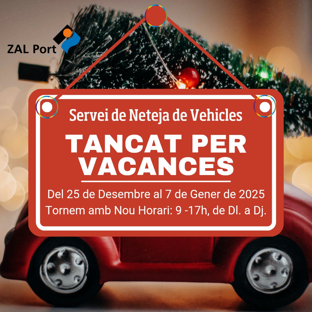 ⚠️Us informem que el nostre Servei de #NetejadeVehicles en Sec al parquing del #ServiceCenter de la <a href="/ZALportBCN/">ZAL Port</a> romandrà tancat del 25 de Desembre al 7 de Gener, ambdós inclosos.
⏲️A partir de llavors tindrem nou horari! Obrirem de Dilluns a Dijous, de 9 del matí a 5 a la tarda!