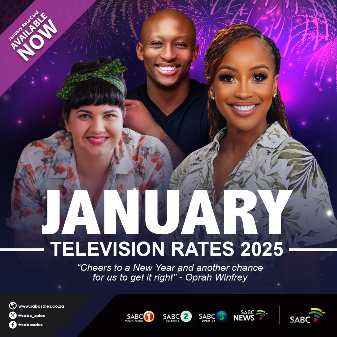 sabc_sales's tweet photo. Kickstart 2025 with SABC’s January Rate Card! 🎉 

Secure premium advertising slots &amp; connect with SA’s most engaged audiences. 

Plan ahead &amp; lock in your campaigns today! 📞 

#AdvertiseWithSABC #JanuaryRateCard #NewYearNewOpportunities #PrimeTimeAdvertising https://t.co/PZwrhzDjx6