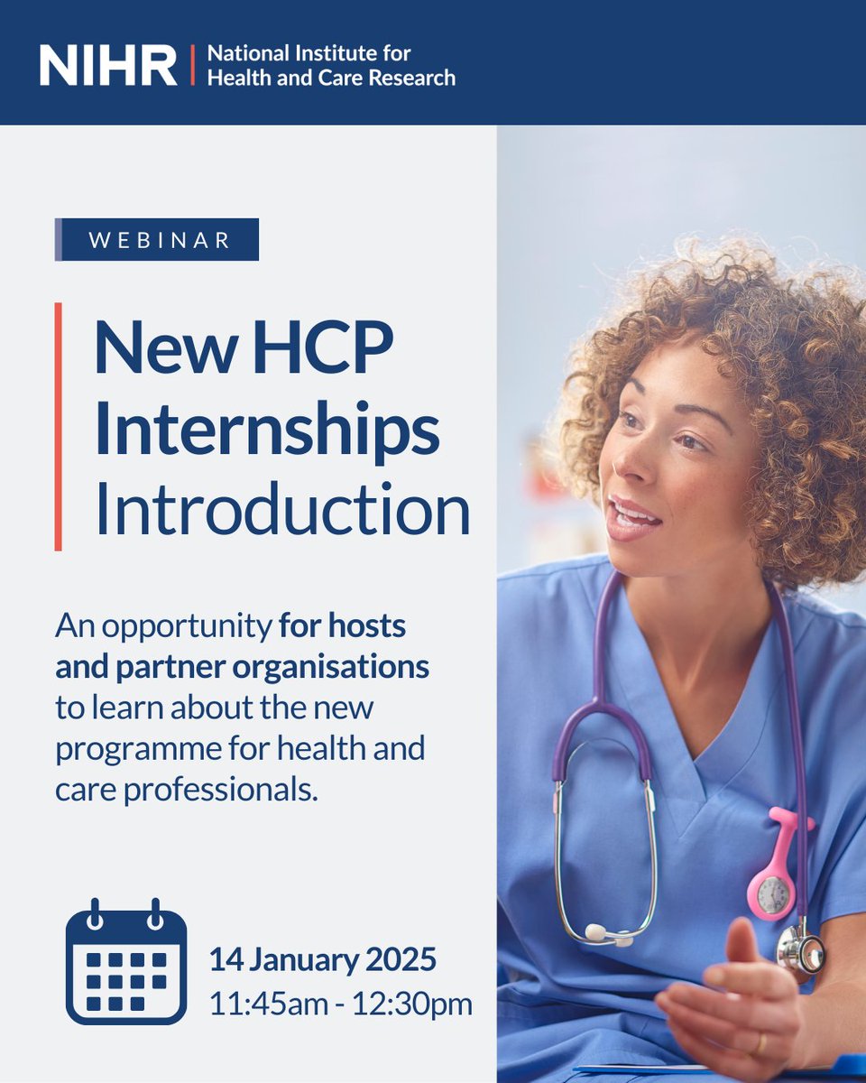 Join us on the 15 January for a webinar for potential host and partner organisations of the new Health and Care Professionals Internships scheme.

The webinar will include:
🔵 an overview of the scheme
🔵 the aims and expectations of the delivery of the programme
🔵a live Q&amp;A