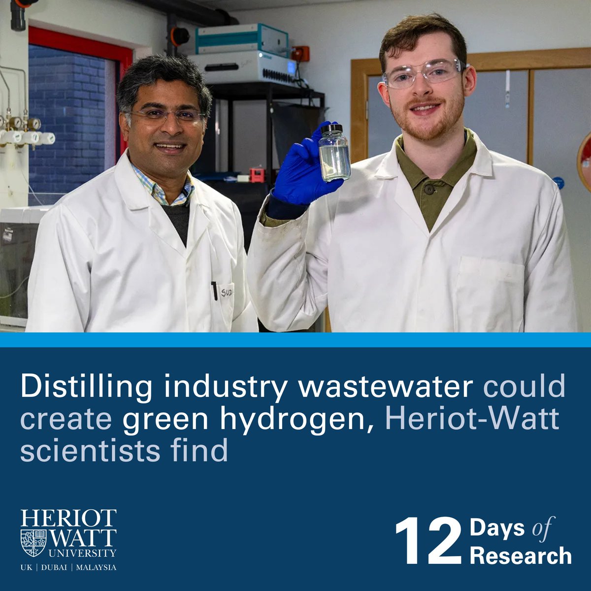 Welcome to #12DaysOfResearch, where we look back on another incredible year of research at Heriot-Watt.

First up, in January, our scientists developed a method to treat wastewater and use it to create green hydrogen, a sustainable fuel ♻️

hw.ac.uk/news-archive/2…