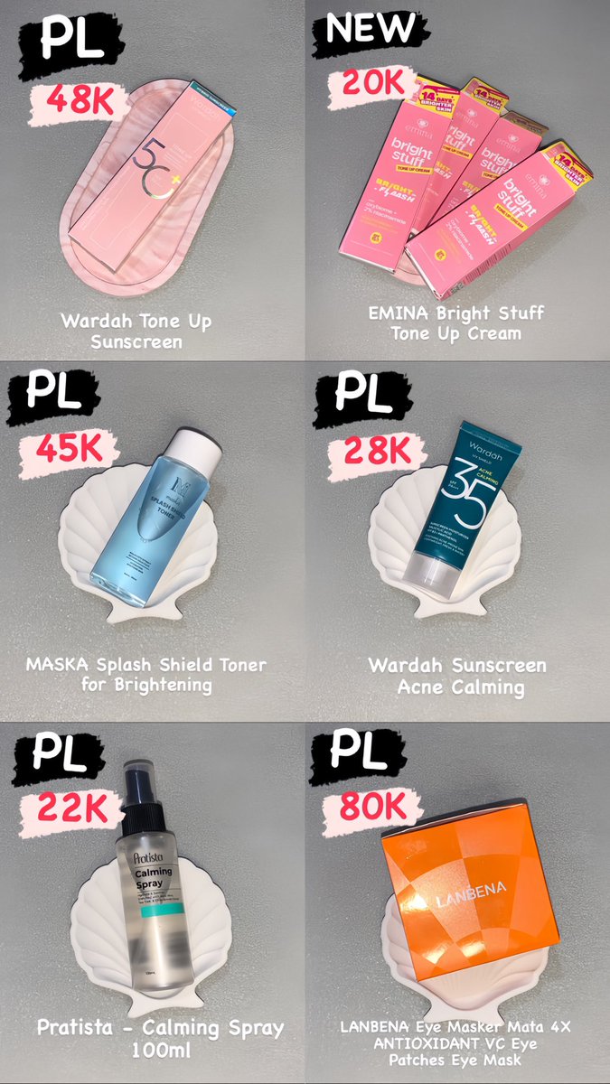 PRELOVED SKINCARE‼️ 
- Wardah Tone Up Sunscreen
- EMINA Bright Stuff Tone Up Cream
- MASKA Splash Shield Toner for Brightening
- Wardah Sunscreen Acne Calming
- Pratista Calming Spray 100ml
- LANBENA Eye Masker Mata 4X VC
More info DM or wa.me/+6287882299342