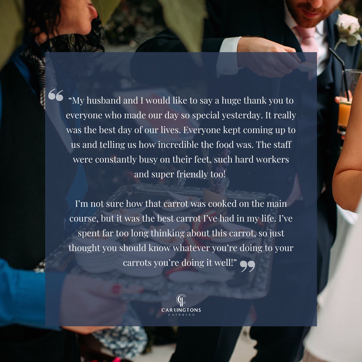 A glowing review from the brand-new Mr and Mrs Wilkinson for our food (especially the carrot 🥕) and our amazing team 😊

Congratulations again to the happy couple who were married at Meols Hall in a beautiful winter wedding ❤️

#Carringtons #CateringService #WeddingCatering