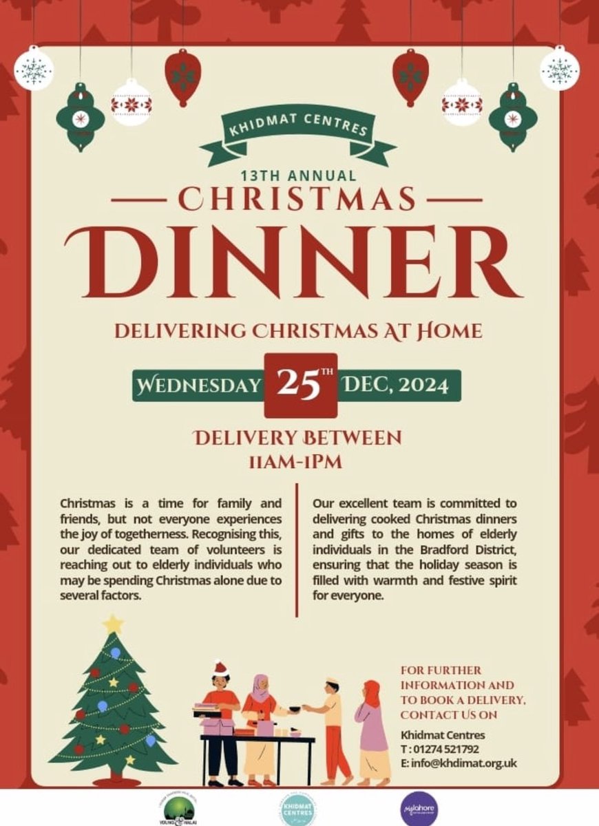 **Please kindly Retweet **
We are finalising our Christmas Day ‘Home delivery’ list for elders or vulnerable people in Bradford who may need a hot meal. Should you know anybody in need please do signpost them to us #Christmas