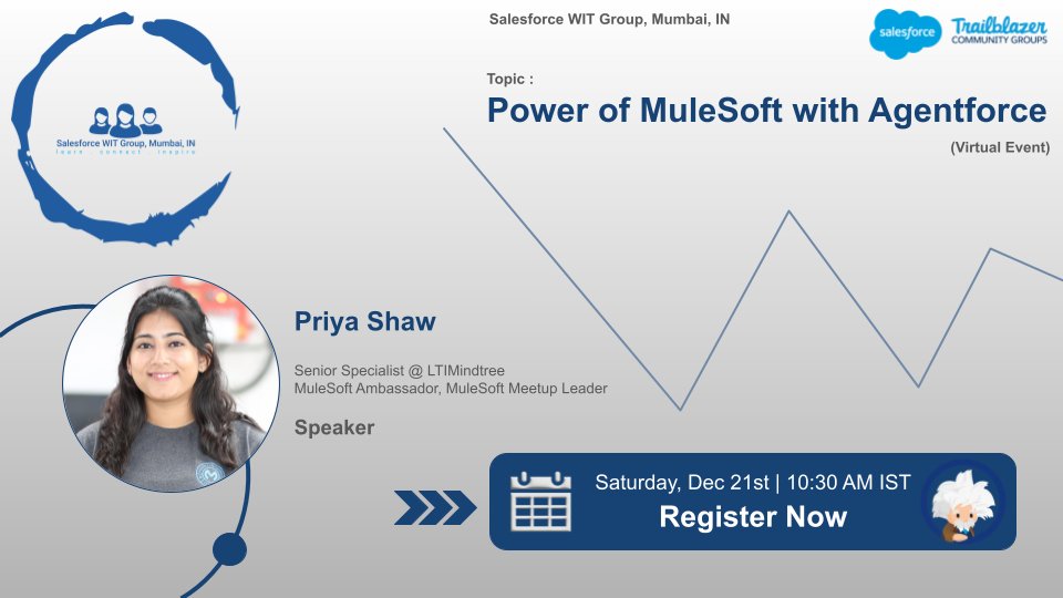 sbilquis27's tweet image. Dear #SalesforceOhana,

🔔Reminder🔔

Join us for #SFMumbaiWIT virtual event tmrw Dec 21st @ 10:30 AM IST
RSVP, if you haven't already yet:- bit.ly/SFMumWITDec24

Let's wrap up 2024 on a high note!💙
See y'all tmrw! 🙌

#TrailblazerCommunity #MumbaiOhana #Agentforce #MuleSoft