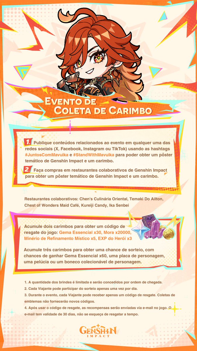 BRGenshinImpact's tweet image. Olá, Viajantes! As informações sobre o Festival de Verão #JuntosComMavuika já estão disponíveis!

Siga a gente e deixe suas expectativas em relação à Mavuika na seção de comentários desta postagem com as hashtags #JuntosComMavuika e #StandWithMavuika. Sortearemos aleatoriamente 5…