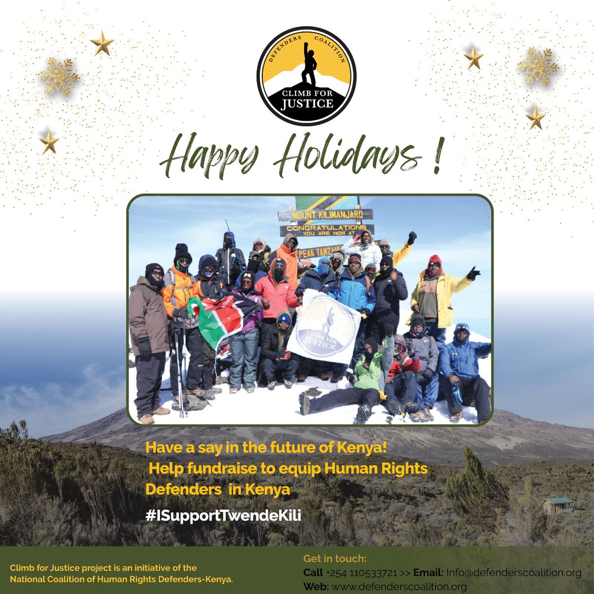 ClimbforJustice's tweet photo. Season’s Greetings from Defenders Coalition!
 
Defenders Coalition extends its heartfelt gratitude for your incredible support of the Climb for Justice campaign. Thanks to you, over 250 passionate hikers joined us this year to raise funds toward establishing Haki village! https://t.co/MRvQoshMHe