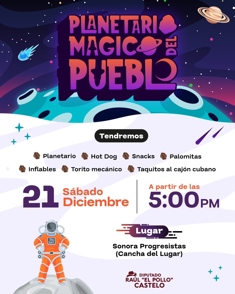 El #planetario llega a la “Sonora Progresista” en la cancha del lugar este Sábado 21 de Diciembre a partir de las 5 de la tarde. 

Ven a pasar un momento increíble con el Planetario Mágico del Pueblo