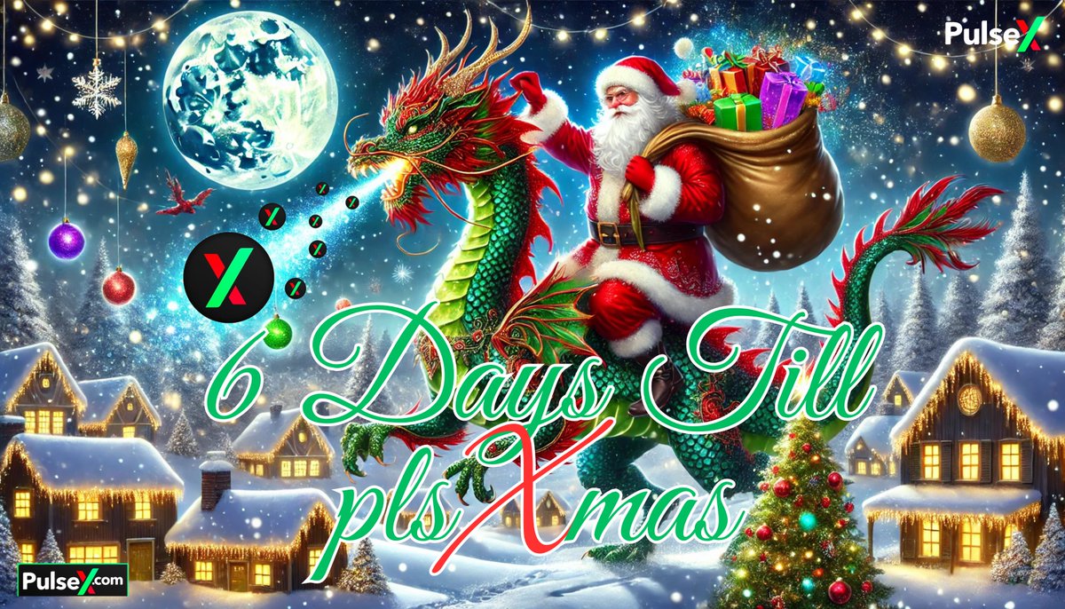 plsXmas's tweet photo. 🎄 Only 6 DAYS until #plsXmas! 🎅 Santa’s switching things up this year—he’s riding a DRAGON through the sky to deliver the magic! 🐉🔥 In the meantime, we’re showering our holders with 1% $PLSX rewards in the spirit of giving 🎁—all thanks to the power of arbitrage on #PulseChain! ✨

This holiday season is about to be FIRE! Don’t miss out—get your $PLSXm ready! 🚀

Join the Telegram https://t.co/EdJeM6UhvS to stay up to date on all the magic! 🎉

#CryptoChristmas #PLSX #PassiveIncome #HolidayCheer #HoHoHODL