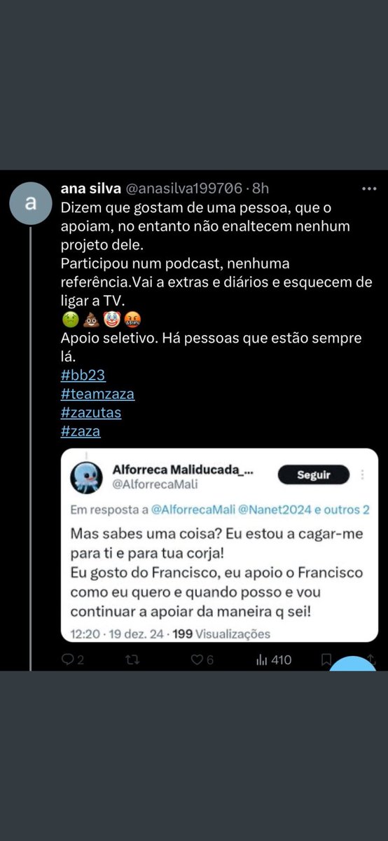 AlforrecaMali's tweet photo. Há pessoas que vêem outras a passar vergonhas e já querem ir a correr para ñ ficarem atrás 🙂
@anasilva199706 também só vês o q eu faço ou o q eu ñ faço para o q te interessa.
Vou voltar a dormir q o meu mal é sono.
#zazetes
#zazutas
#corja
#palasnojolhos https://t.co/pq7JJU794H