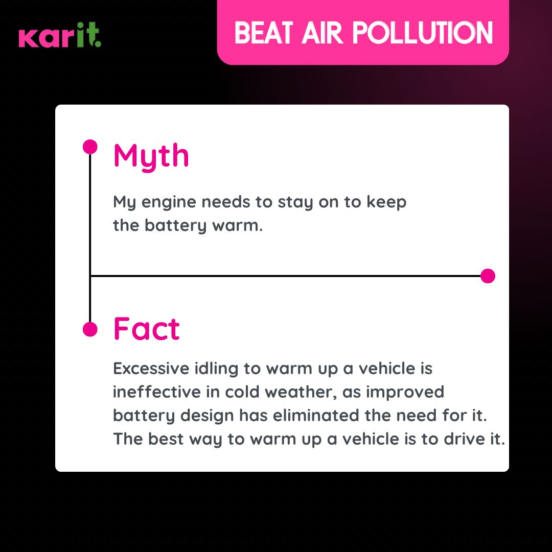 wekarit's tweet image. BEAT #AIRPOLLUTION 

Myth: My engine needs to stay on to keep the battery warm

Fact: Excessive idling to warm up a vehicle is ineffective in cold weather, as improved battery design has eliminated the need for it. The best way to warm up a vehicle is to drive it.

#Karit