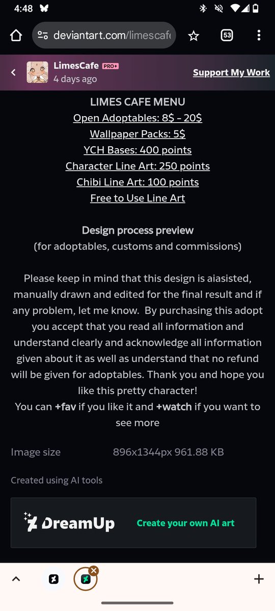 RocketKitty5's tweet photo. @FFaellin Even the feature artist Limescafe lies on tagging their slop with AI. The feature post was in July 2024 only to be reposted in November 2024?

It's only when you scroll all the way down and you see "made with AI tools".

Then we got a bootleg DeviantArt site! https://t.co/oXvFXWqsYj