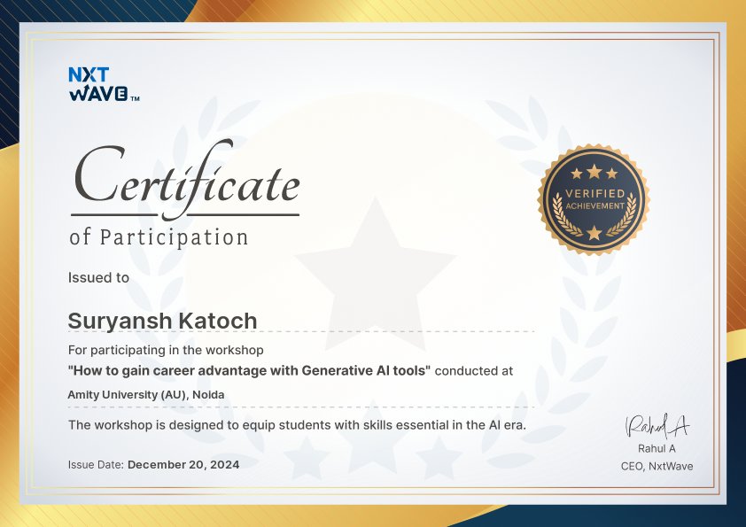 thefunnytechguy's tweet photo. Glad to have completed the workshop 'How to Gain Career Advantage with Generative AI Tools' by NxtWave at Amity University, Noida.
It was an enriching experience, gaining valuable insights into AI tools and their impact on careers. Excited to apply this knowledge in future! https://t.co/bQSrJmqbZA