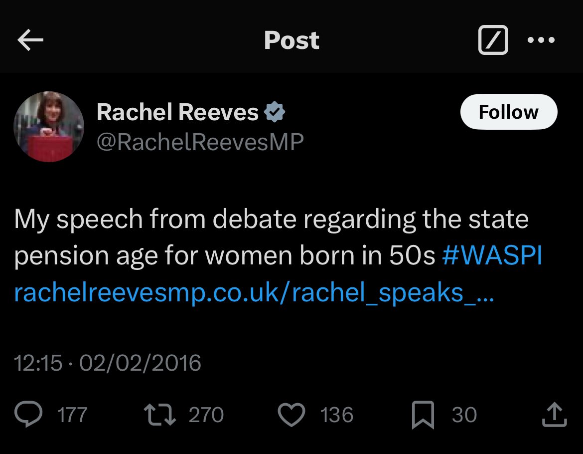 JulianEllacott's tweet image. Oh look, this speech happens to have disappeared from @RachelReevesMP website,,,

Stunning and cynical hypocrisy to have supported the #WASPI campaigners when it suited her, raise their hopes and then drop them like a stone once in office. 

#NeverLabour 🥀