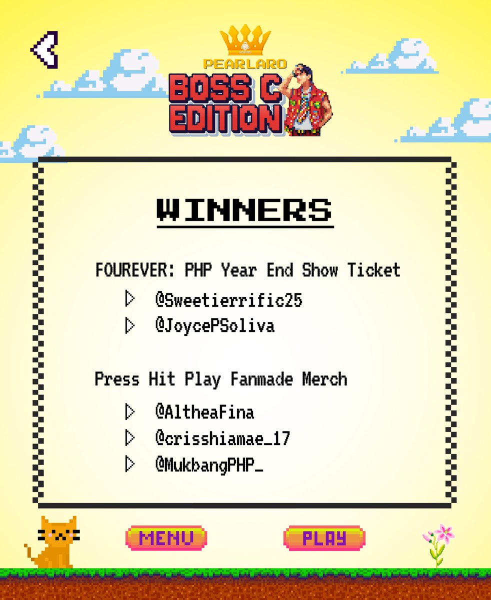 PHPPearls's tweet image. [ PEARLARO WINNERS ]

Congratulations to all the winners of our PearLaro: Boss C Edition! 👏 

To claim your prize, DM us. 💛

ADLAW NI BOSS C
CHRLSpectacular Day
#PHPCHRLSBirthday #Press_Hit_Play @PressHitPlay @xxivchrls