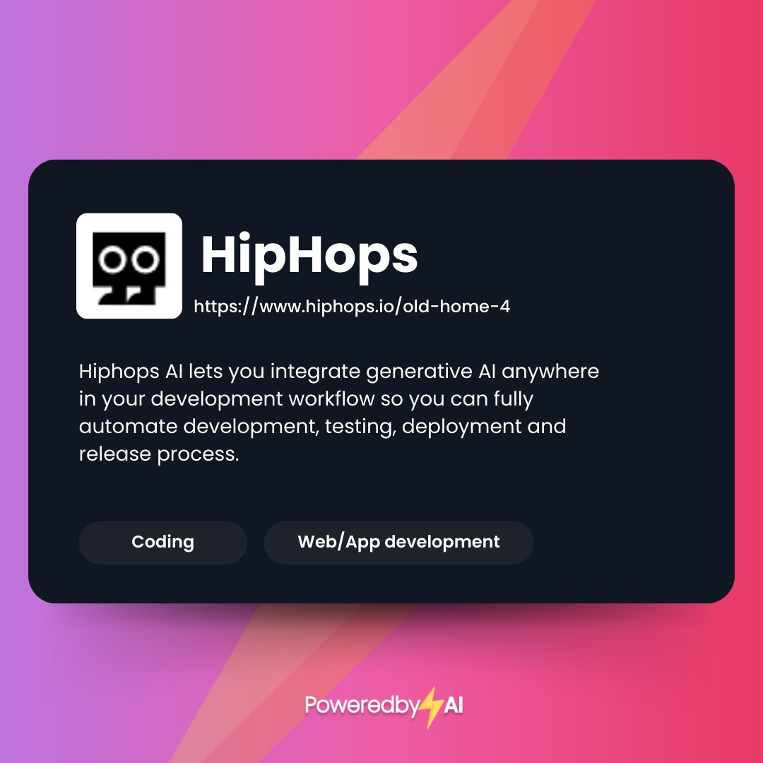 poweredbyai_app's tweet image. Boost your workflow with HipHops AI! 🚀 Integrate generative AI into development to automate coding, testing, deployment &amp;amp; releases. Simplify and scale your projects! 
🔗 tnfy.cc/4po8w

#AI #DevelopmentTools #Automation