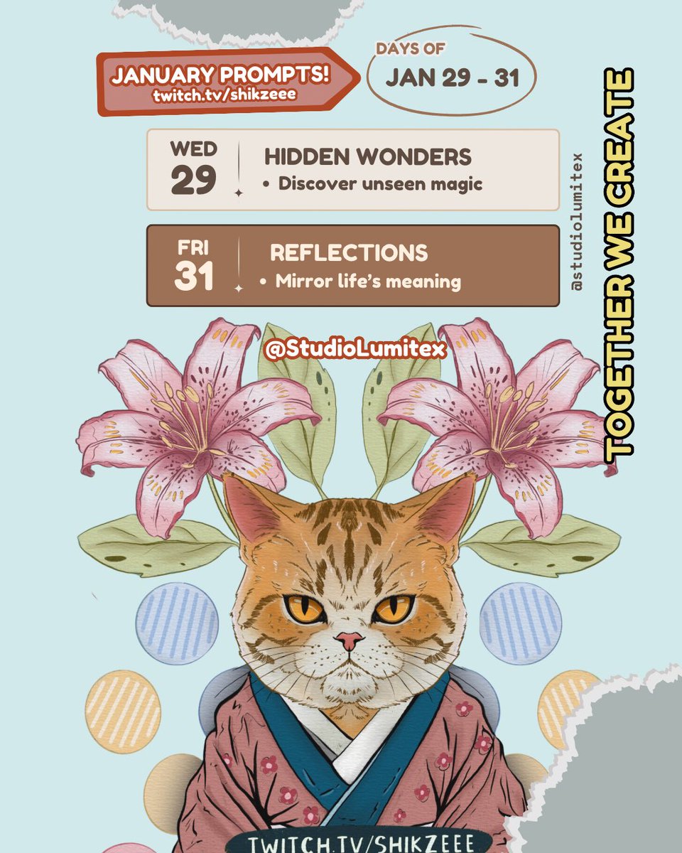ShikzeeeDraws's tweet photo. ✨Calling all creative streamers &amp; viewers! ✨

Join us for a TWITCH Together We Create, a mix &amp; match prompt list for JAN!🌟

📅 16 fun prompts to inspire you
💻 Open to ALL mediums
🎨 Work at your own pace OR draw along with the community!
🏆 Earn Badges &amp; Share your creations! https://t.co/5lwnZeSaZN