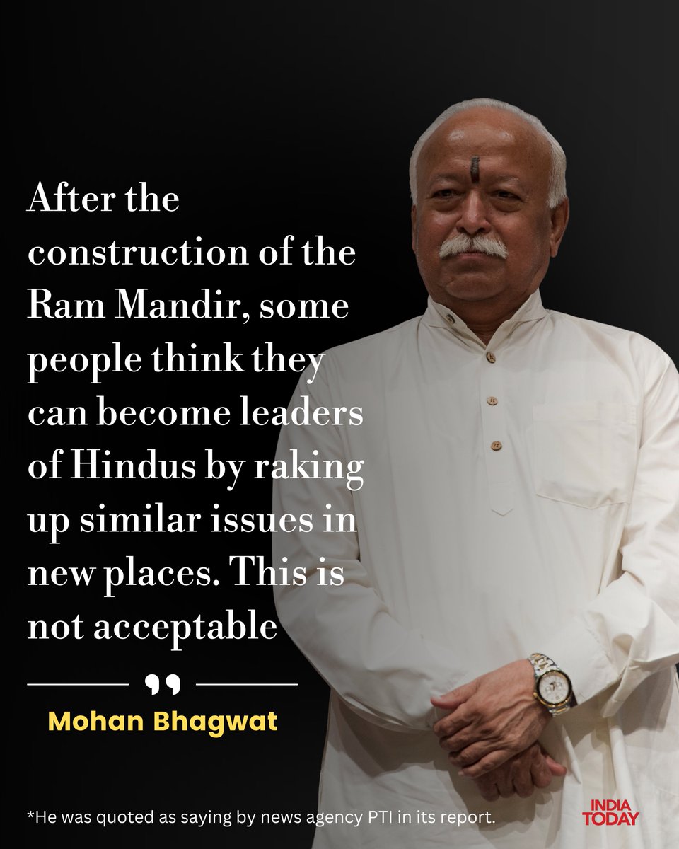 IndiaToday's tweet photo. RSS chief Mohan Bhagwat on Thursday took a jibe at aspiring Hindu leaders for stirring up "Ram-temple-like" disputes at various places across India. Here are some excerpts from his lecture series on the "Vishwaguru Bharat" theme.

More details: https://t.co/7baTfWK8sc

#RSS #MohanBhagwat #RamTemple