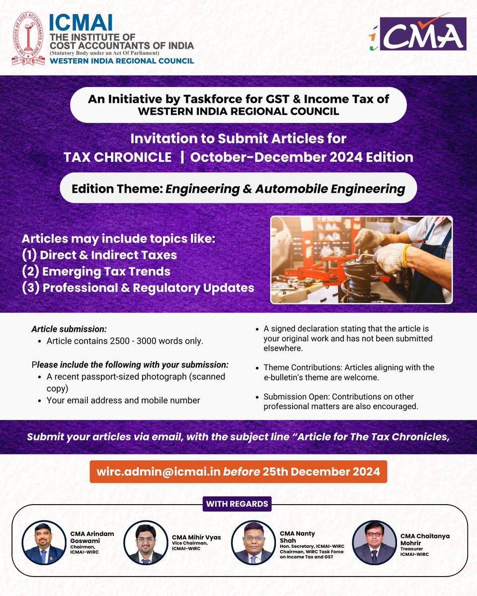 icmaiwirc's tweet image. Contribute to the Tax Chronicle!

Share your insights on Engineering &amp;amp; Automobile Engineering and taxation trends. Submit articles by 25th December 2024 to wirc.admin@icmai.in.

#TaxInsights #ICMAIWIRC #EngineeringFocus #AutomobileTaxation #ProfessionalContributions