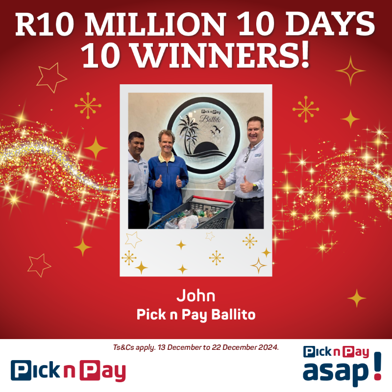 PicknPay's tweet photo. Say hello to our latest millionaire! 💸✨ Huge congratulations to John for winning R1 million 🎉  

Ready to win? Simply buy 2 participating products in-store or on @picknpayasap! before 22 December 2024! #PnPMomentsOfMagic #PnPMillionaires https://t.co/lu6woenPwI