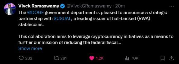 LeCryptoDaily's tweet image. 🔴 Le compte Twitter de @VivekGRamaswamy a subi un piratage, durant lequel des informations erronées ont été diffusées. 

👉 Le pirate a faussement annoncé une collaboration entre le D.O.G.E (Department of Government Efficiency) et le stablecoin $USUAL.

👉 Conséquence directe de…