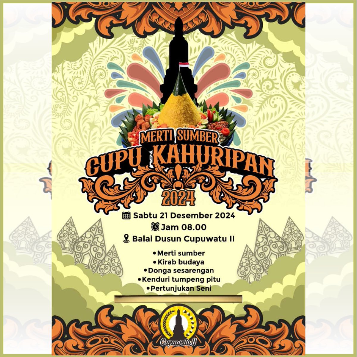 Cupuwatu2ID's tweet photo. @Cupuwatu2ID akan mengadakan kegiatan kegiatan budaya dengan tajuk KENDURI BUDAYA MERTI SUMBER CUPU KAHURIPAN di tahun 2024 sebagai ajang nguri-uri lan ngurip-urip kabudayan.

#cupuwatu2
#kabudayan
#kebudayaan
#mertisumber
#cupukahuripan https://t.co/YemTjewvVY