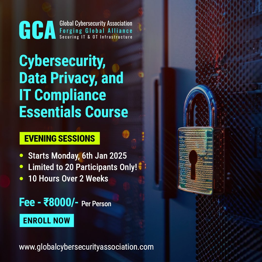 Global Cybersecurity Association (GCA) (@gcaforum) on Twitter photo Are you ready to upskill in Cybersecurity, Data Privacy, and IT Compliance?
This 10-hour course gives you practical skills to secure digital assets and master IT governance.
Click here to enroll now.
…ersecurityassociationgca.edmingle.com/course/Cyberse…
#CybersecurityTraining #DataPrivacy #ITCompliance Are you ready to upskill in Cybersecurity, Data Privacy, and IT Compliance?
This 10-hour course gives you practical skills to secure digital assets and master IT governance.
Click here to enroll now.
…ersecurityassociationgca.edmingle.com/course/Cyberse…
#CybersecurityTraining #DataPrivacy #ITCompliance