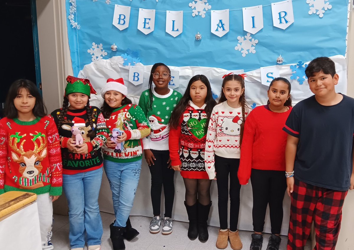 GoBearsBAES's tweet photo. Students and cafeteria staff dressed for a fun Spirit Day in their best holiday sweaters. Great to see everyone spreading cheer and getting into the festive mood! 💛💙 #BelAirBears @MtDiabloUSD https://t.co/aqSSNrWb1L