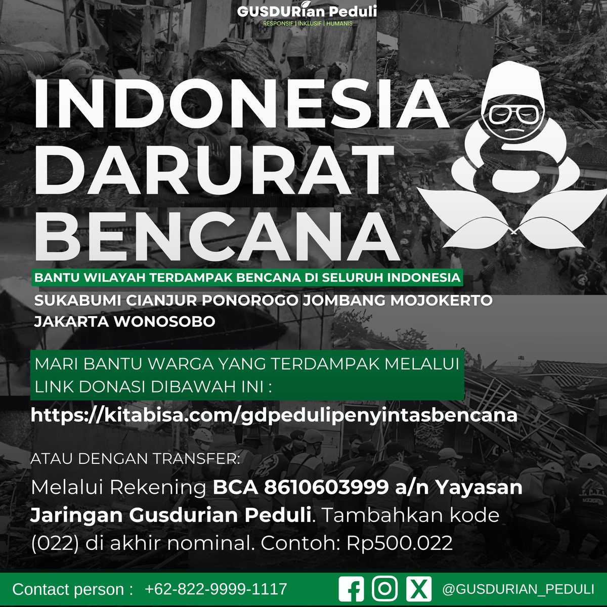 Saudara-saudara kita di berbagai wilayah Indonesia—Sukabumi, Cianjur, Ponorogo, Jombang, Mojokerto, osobo—sedang berjuang akibat bencana alam. Sekarang saatnya kita bergerak bersama untuk membantu mereka.  

🔗 Donasi online: kitabisa.com/gdpedulipenyin… 

#BencanaAlam #Banjir