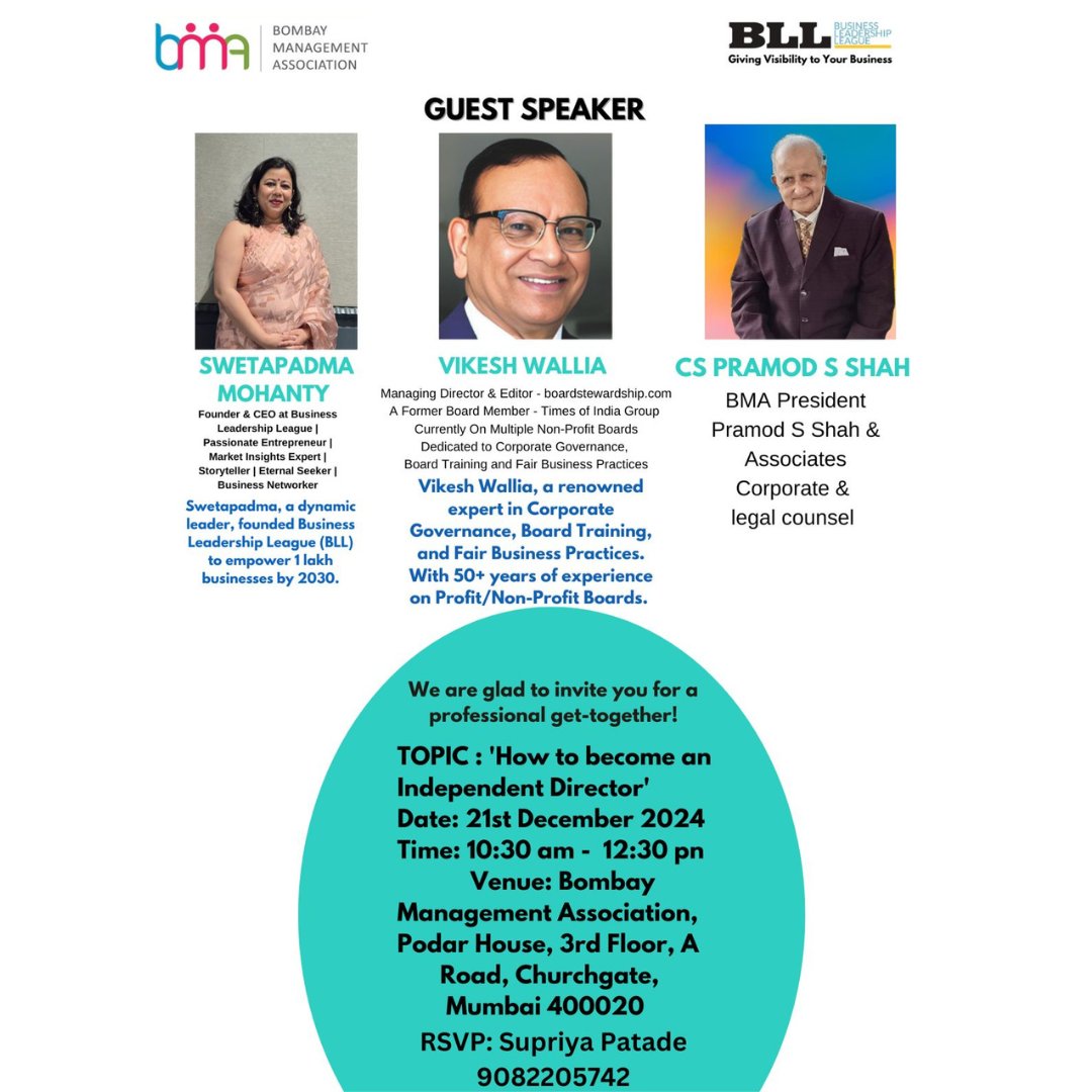 Step into Leadership: Become an Independent Director.
Learn the skills, roles, and responsibilities of an independent director.
Join us for free but Registration is mandatory.

#IndependentDirector #CorporateLeadership #BoardroomSuccess #LeadershipDevelopment #CorporateGovernance