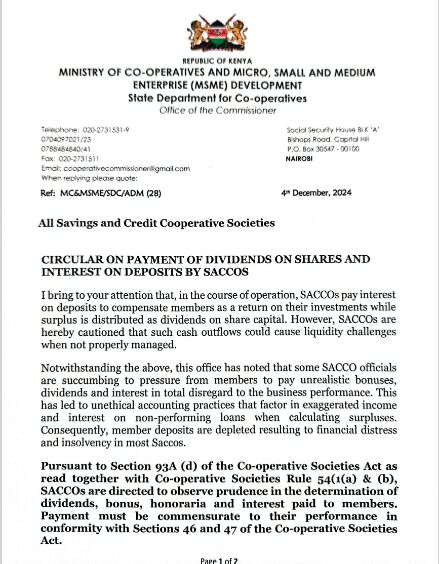 MwangoCapital's tweet photo. The Ministry of Co-operatives has issued guidelines on SACCOs’ dividend & interest payments to ensure financial stability:

✅ Avoid payouts if facing loan arrears or refund issues.
✅ Use surplus/retained earnings only—no external borrowing.
✅ Adhere to IFRS 9 & 36 for surplus calculations. ✅ Meet capital adequacy & liquidity requirements.