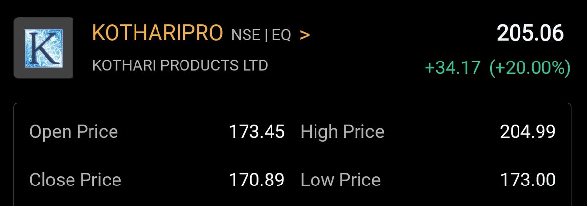 shivunainava's tweet image. Here It is. The 20% Upper Circuit.✅️🎯

Kothari Products : 205+
#KothariPro #StockMarketIndia