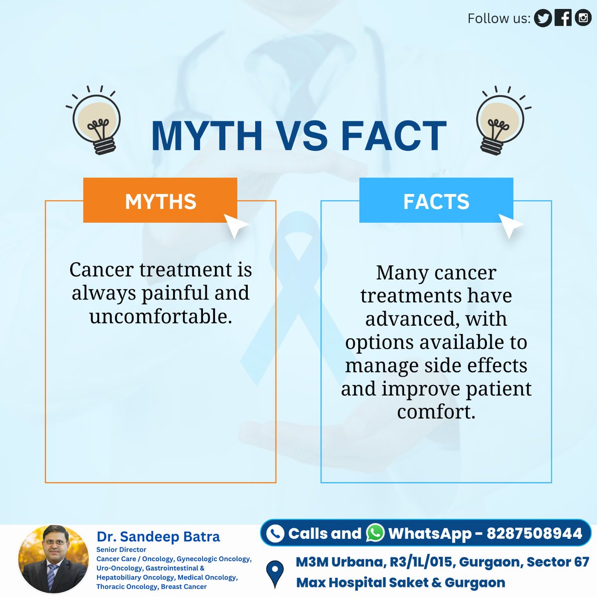 MYTH VS FACT
📷Dr. Sandeep Batra
Consultant:- Cancer Expert
Contact us at 📷8287508944
Visit us 📷M3M Urbana, R3/1L/015, Gurgaon, Sector 67 Max Hospital Saket &amp; Gurgaon
#Drsandeepbatra #cancer #leadstocancer #mythvsfacts #treatment #cancertreatment #comfort #myth #facts