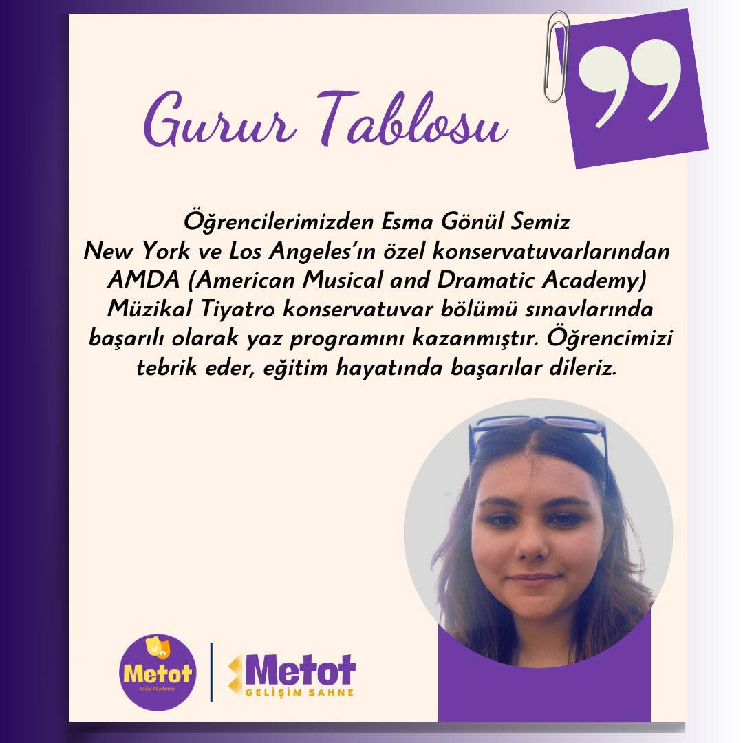 Öğrencilerimizden Esma Gönül Semiz 
New York ve Los Angeles’ın özel konservatuvarlarından AMDA
 (American Musical and Dramatic Academy) Müzikal Tiyatro konservatuvar bölümü sınavlarında başarılı olarak yaz programını kazanmıştır. 

Tebrikler Esma! 🎭 🎥