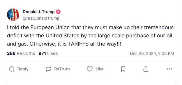 Trump threatens tariffs if the EU doesn't buy more US oil and gas
🇺🇸🇪🇺🚨

⚠️ The President-elect said he told the EU they must "make up their tremendous deficit" with large scale purchases of American fuel
🚢 The US is the world's top LNG exporter, and the biggest oil producer