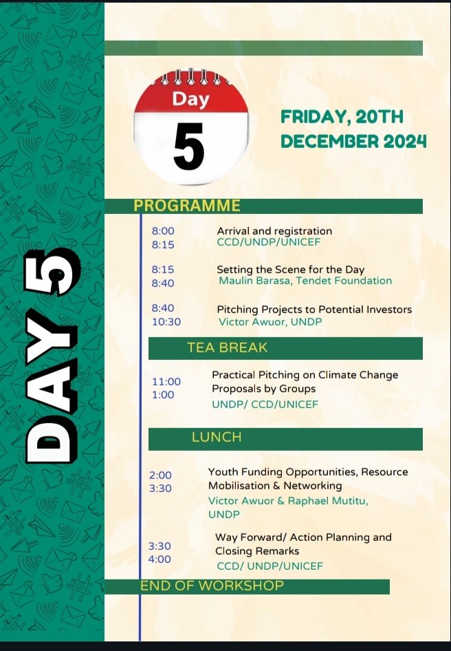 Day 5 of the LREB NCCAP Training, getting to learn more on pitching projects and also get to hear other youth-led CBOs pitch for funding from UNDP. An amazing learning opportunity 
#NDCYouthKe
#YouthClimateFinancing
<a href="/Environment_Ke/">Ministry of Environment, Climate Change & Forestry</a> 
<a href="/EnviClimateC_Ke/">State Dept For Environment & Climate Change</a> 
<a href="/UNDPKenya/">UNDP Kenya</a> 
<a href="/UNICEFKenya/">UNICEF Kenya</a>