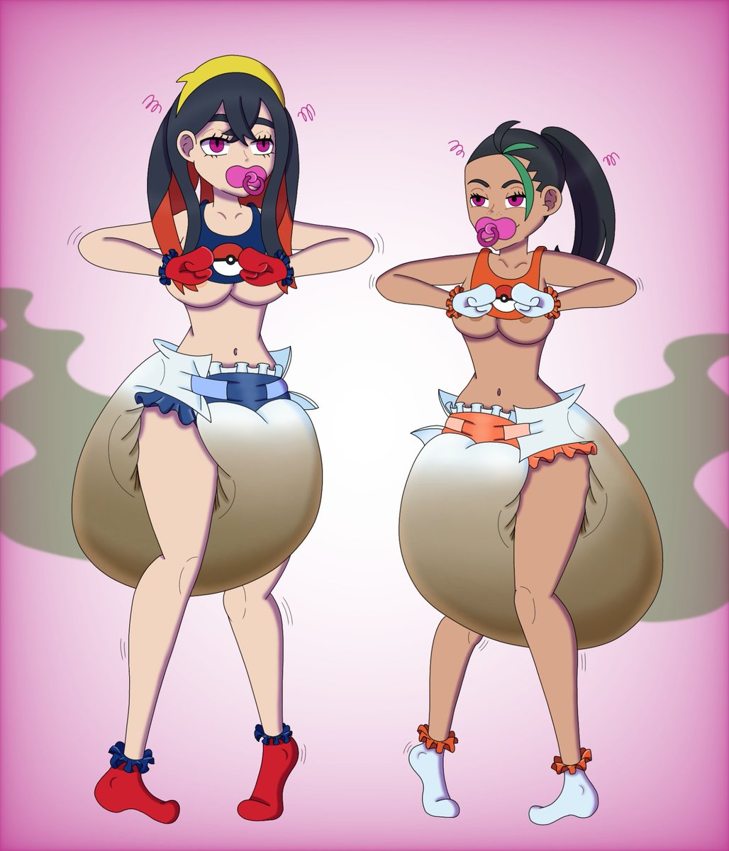 LittleMaruDL's tweet photo. It seems that Pecharunt used his hypnotic mochis against Carmine and Nemona again, although this time they call themselves "poochis", I wonder why. #abdl #abdlart #diaper #diaperart #diapergirl #Pokemon https://t.co/6eYqETIwH9