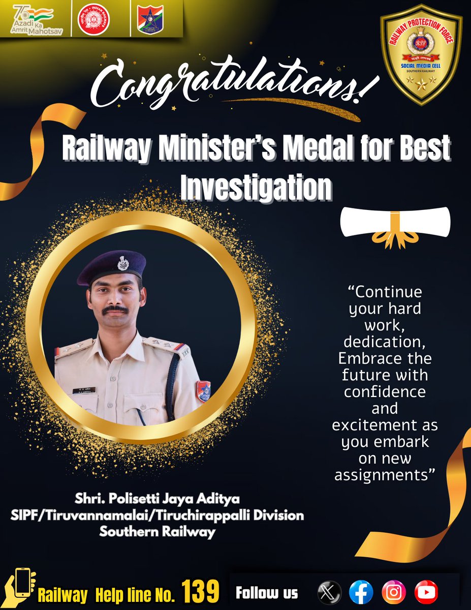 rpfsrly's tweet photo. Sri. Polisetti Jeay Aditya, SI/Tiruvannamalai, has been awarded the prestigious Railway Minister's Medal for Best Investigation. Kudos on this well-deserved recognition! ππ· #RPF #RPFSR #ProudMoment
@RailMinIndia @RPF_INDIA @GMSRailway https://t.co/BgqsiJ3VIN