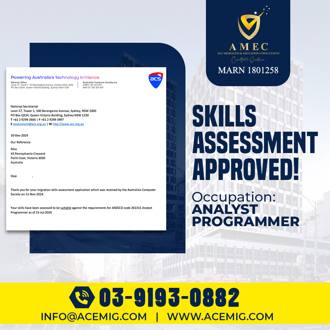 amec_australia's tweet image. 🎉 Skills Assessment Approved! 🎉

We are thrilled to announce that our client has successfully received their Skills Assessment approval for the occupation of Analyst Programmer! 🌟 
📞 Call us today at 0391930882
📧 Email: info@acemig.com
#SkillsAssessment #AnalystProgrammer