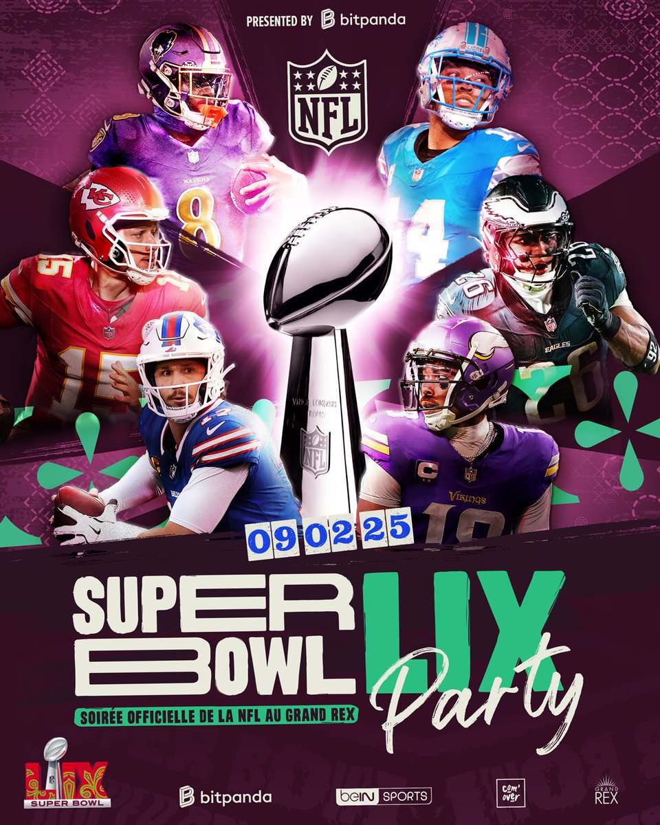 beinsports_FR's tweet photo. La Super Bowl Party by @Bitpanda_FR fait son grand retour à Paris le 9 février 2025 !
C’est LA soirée officielle de la @NFLFrance au @LeGrandRex qui se transformera pour l’occasion en Caesers Superdrome dans une ambiance 100% américaine.

Au programme :
- Un pré-game show animé par des experts et passionnés de football américain, des quiz & jeux sur l’histoire de la NFL
- La retransmission du match sur écran géant, en live grâce à @beinsports_FR
- Et le tant attendu half-time show interprété cette année par Kendrick Lamar qui promet une performance légendaire

📅 Quand ? Dimanche 9 février 2025
📍 Où ? Dans la mythique salle du Grand Rex à Paris, transformée pour l’occasion en véritable temple du football américain

🎫 Les places sont limitées ! Réservez dès maintenant pour garantir votre accès à LA soirée Foot US de l’année
📧 Pour toute question, contactez-nous à superbowlparty@com-over.com
#SuperBowlPartyParis #NFL @NFLFrance 
➡️ https://t.co/9PAiG7qDBb