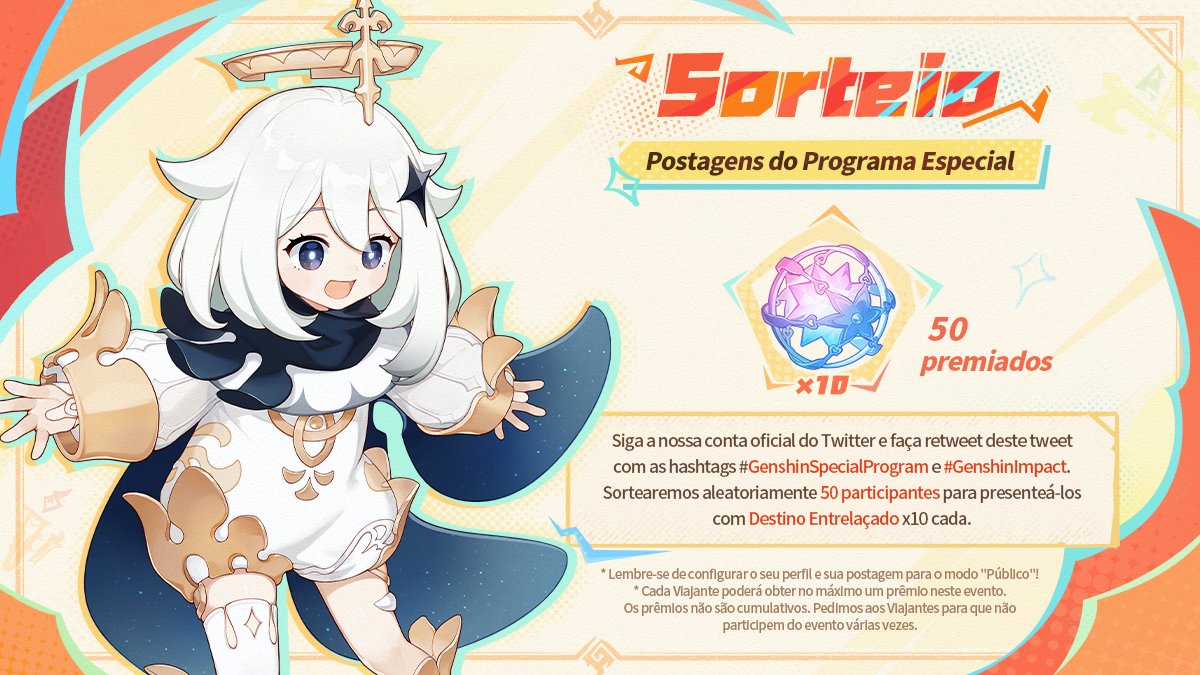 Viajantes, o Programa Especial da Versão 5.3 está para começar em 2 horas! #GenshinImpact #GenshinSpecialProgram

Transmissão no dia 20/12/2024 às 09:00 (UTC-3) >>>
Twitch: hoyo.link/8w9lFBAL
YouTube：hoyo.link/5MOeFCAL

Também preparamos um evento de sorteio para