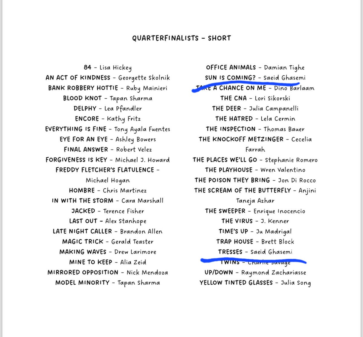 SaeidGh30792430's tweet photo. I'm proud to announce that both of my Screenplays #SunisComing and #Tresses are qualified as Quarter-Finalist at @SoCalScreenplay competition. https://t.co/RZKaooMMFH