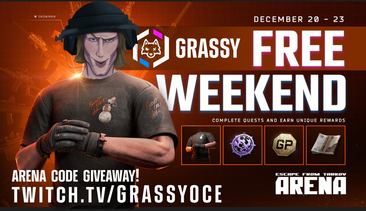 Streaming <a href="/tarkovarena/">Escape from Tarkov: Arena</a> during this FREE Weekend!
DROPS + Key Giveaway 🎁🔑

FREE Weekend Starts TODAY 7pm AEST - DEC 23rd 7pm AEST
tarkov.com/s/fw_arena

LIVE when servers are up! twitch.tv/grassyoce
GIVEAWAY will be drawn end of stream on SAT! 🎁

#TarkovArena #FreeWeekend